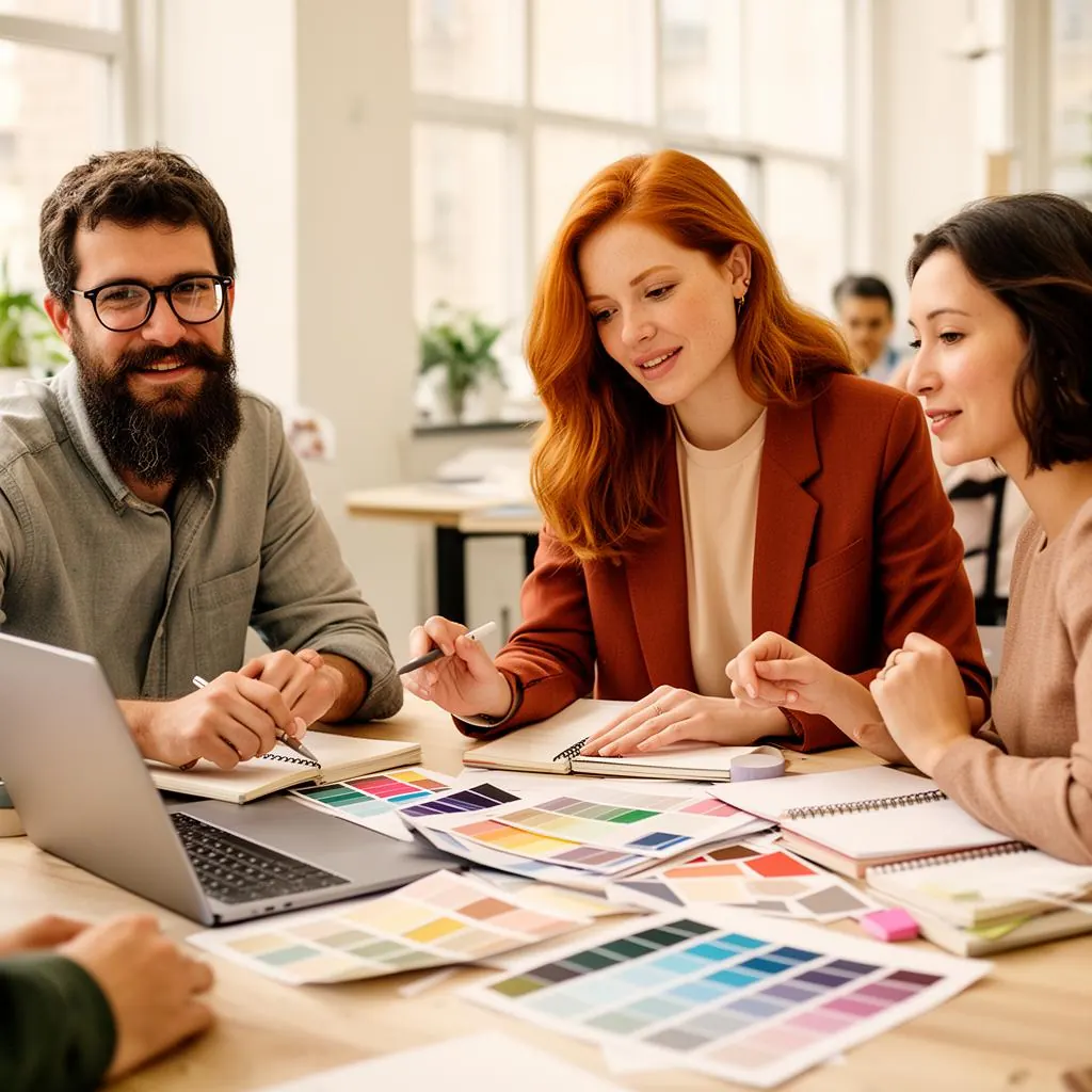 Creative agency team reviewing color swatches