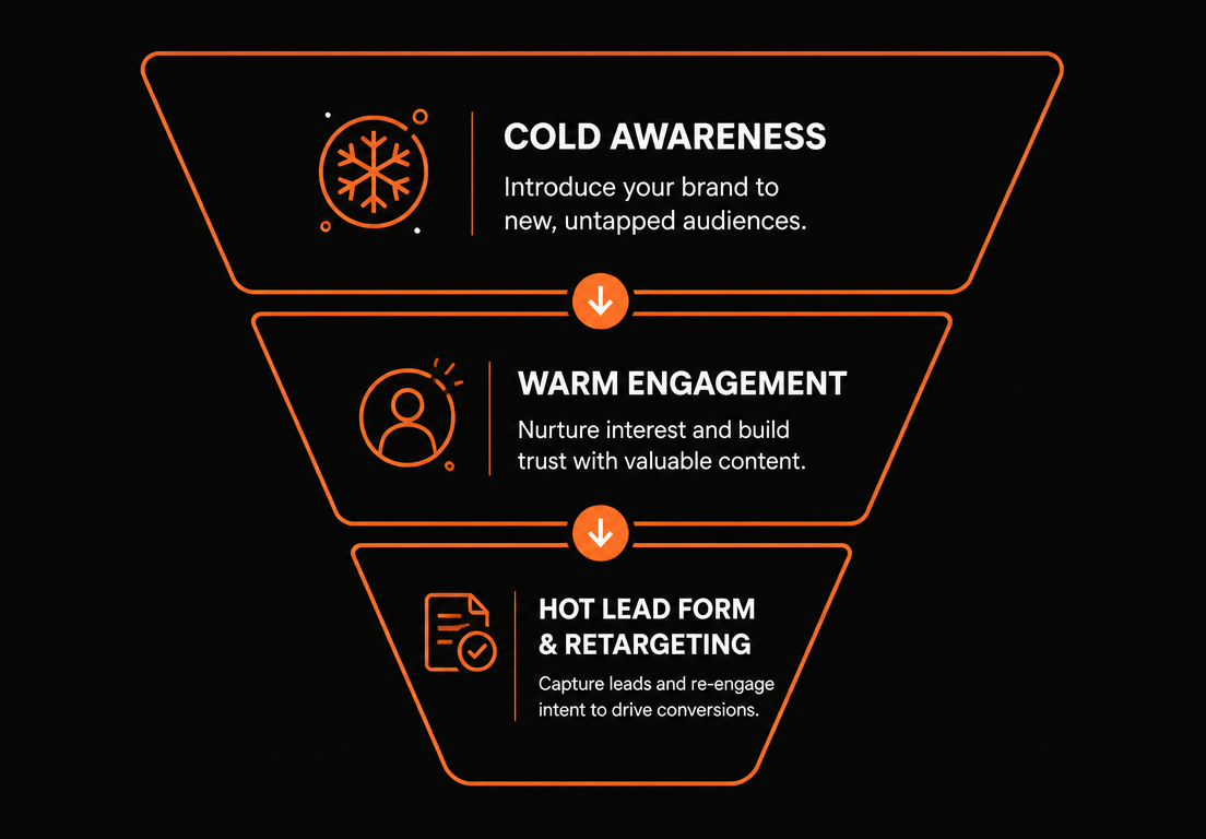 Meta Ads lead generation funnel stages from cold awareness to hot retargeting