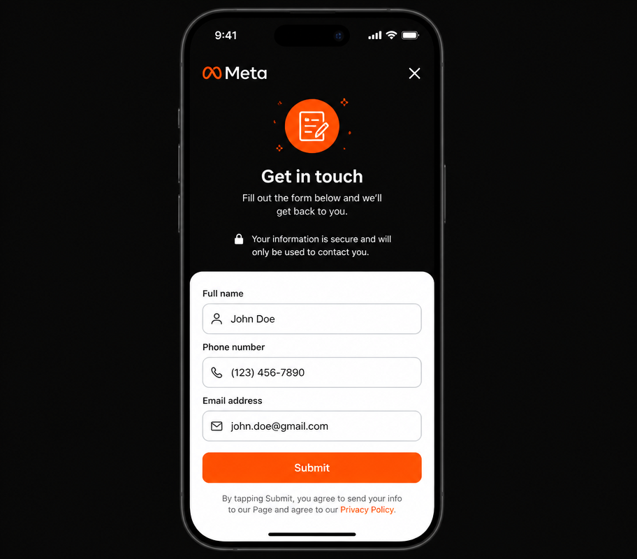 Meta Instant Form lead capture mockup with pre-filled fields